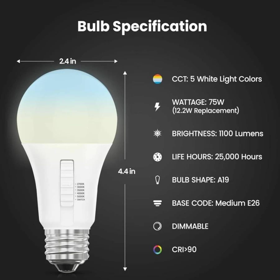 Feit Electric CA10 LED Candle Bulb 40W Equivalent Dimmable 6-Way Color Selectable 5CCT E12 Base 450 Lumens 90 CRI Chandelier Light 22-Year Life 2-Pack