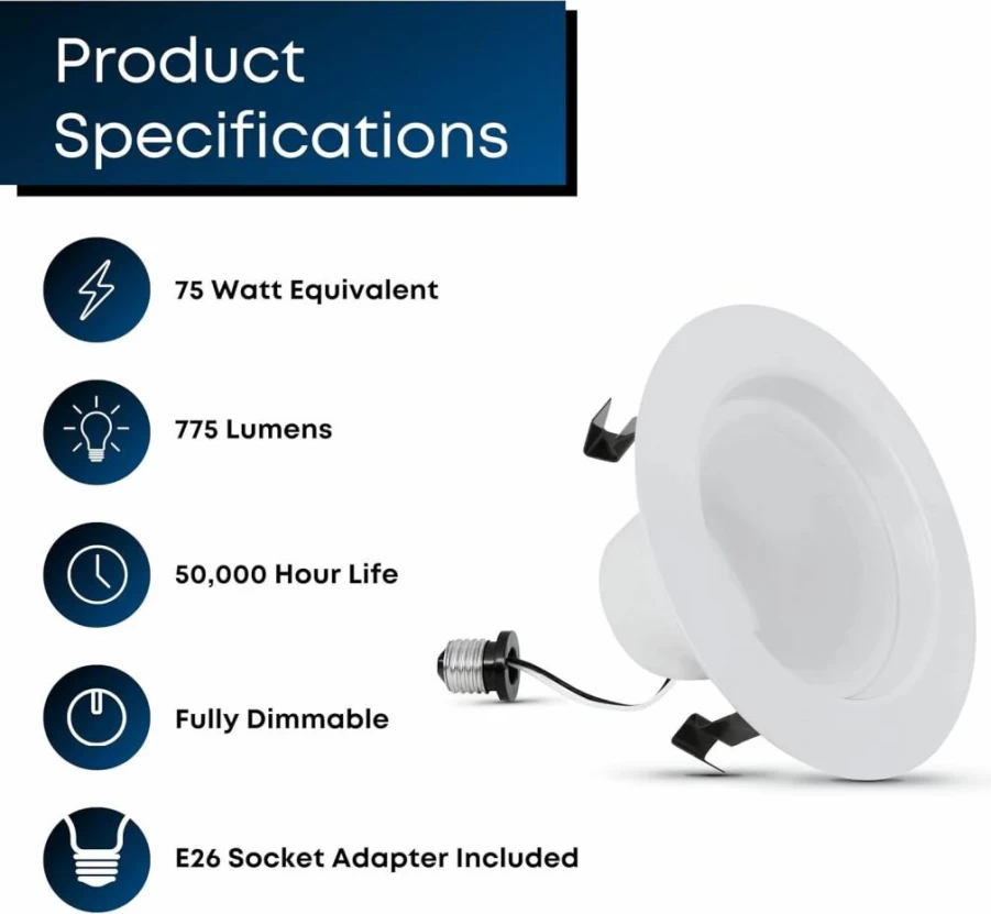 Feit Electric 4 Inch LED Recessed Downlight 6 Pack - Dimmable 75W Equivalent High Output, 5000K Daylight, Pre-Mounted Trim, Standard Base Adapter - LEDR4HO/950CA/6