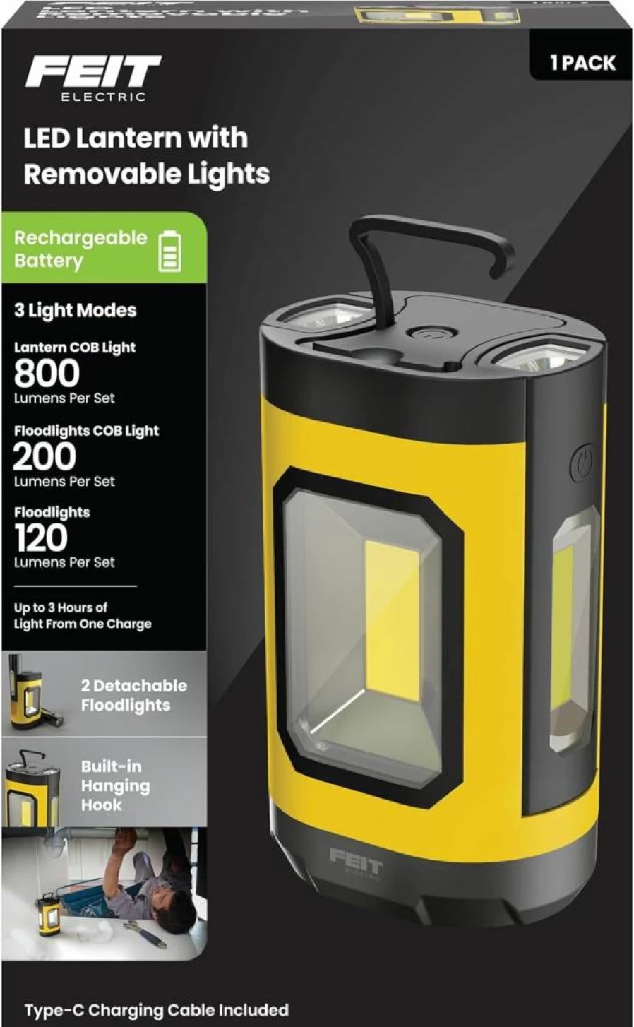Feit Electric LED Lantern 1000 Lumens Rechargeable USB-C, 5000K Daylight, Detachable Flashlights, Portable for Camping, Worksites & Emergency