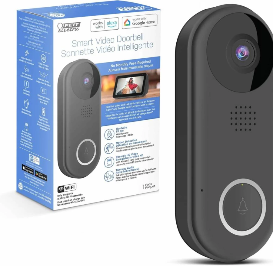 Feit Electric Smart Wireless Doorbell with 1080P HD Dual-Lens Camera, 24/7 Local Recording, Night Vision, AI Person & Package Detection, Voice Assistant, Includes Wireless Chime (Cam2/Door/WiFi/Battery)