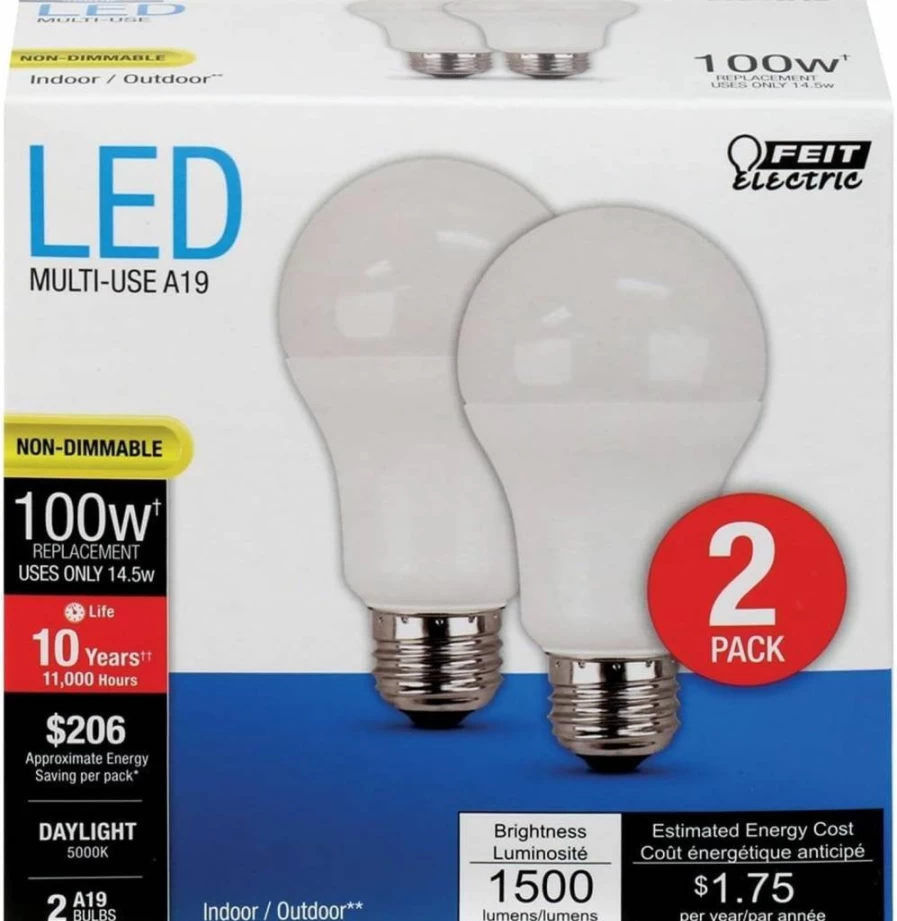 Feit Electric A19 LED Light Bulb 12 Pack, 100W Equivalent, 1500 Lumens, 5000K Daylight, E26 Base, 11,000 Hours, Energy Efficient General Purpose Bulbs
