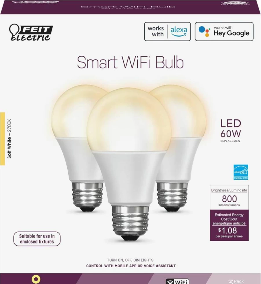 Feit Electric A19 Smart LED Bulb 6-Pack, 60W Equivalent RGBW Color Changing, Dimmable WiFi Light, Works with Alexa & Google Home, 800 Lumens, 25K Hours Lifespan, 2.4GHz Compatible