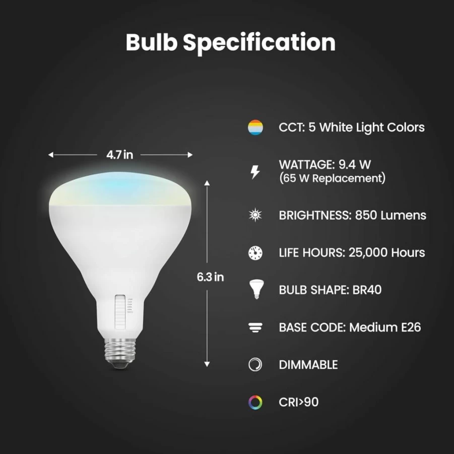 Feit Electric BR40 LED Bulb 100W Equivalent Dimmable 5-Color Adjustable White 1400 Lumens 90+ CRI Flood Light 25000-Hour Lifespan 2-Pack for Track & General Lighting