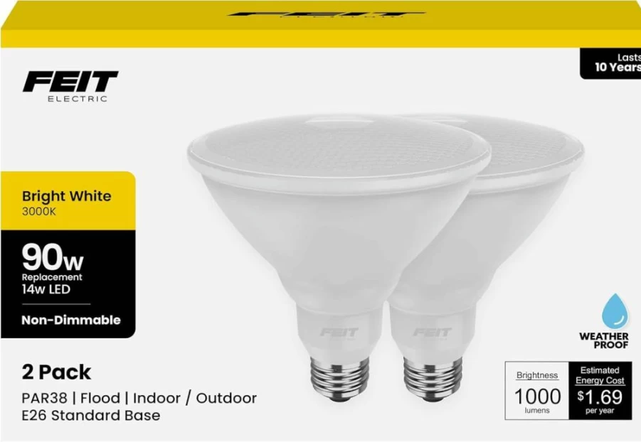 Feit Electric PAR38 LED Bulb 2-Pack, 90W Equivalent, 1000 Lumens, 3000K Bright White, E26 Base, 11000 Hours Lifespan, Outdoor & Landscape Lighting