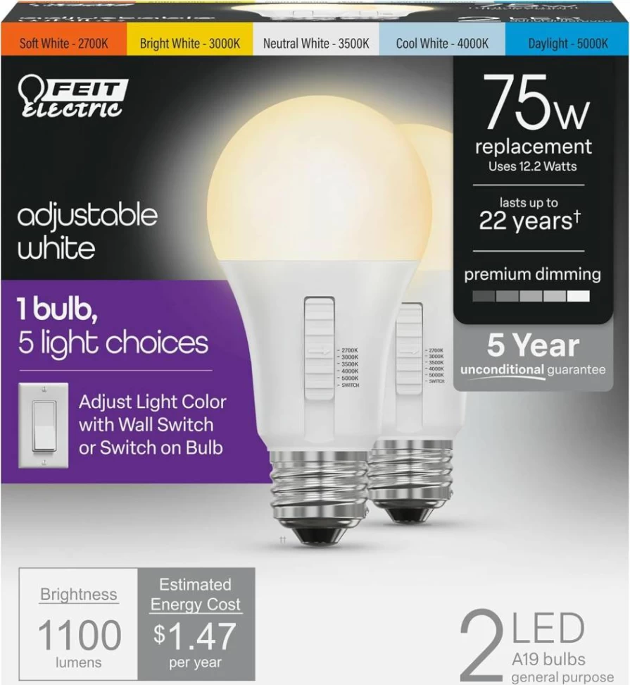 Feit Electric PAR30 LED Bulb 2 Pack - 75W Equivalent, Dimmable, 6-Way Color Selectable (5CCT), 750 Lumens, E26 Base, 90 CRI, Damp Rated Flood Light, 22-Year Lifespan