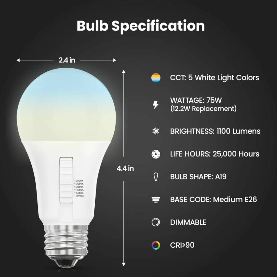 Feit Electric A19 LED Bulb 75W Equivalent Dimmable 6-Way Color Selectable 5CCT E26 Base 90 CRI 1100 Lumens Damp Rated 22-Year Lifetime 2-Pack