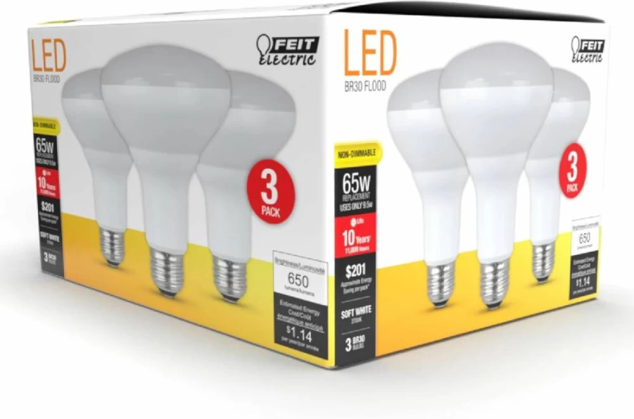 Feit Electric BR30 LED Bulbs 65W Equivalent 650 Lumens 2700K Soft White E26 Base Non-Dimmable Damp Rated Flood Light 18-Pack for Recessed Cans 10-Year Lifespan