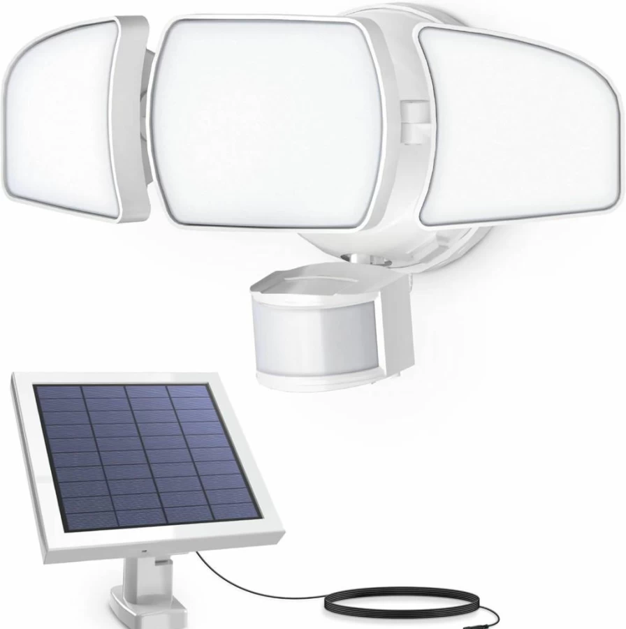 Feit Electric Solar Powered Outdoor LED Flood Light with Motion Sensor, 3000 Lumens, 5000K Daylight, Dusk-to-Dawn, Wireless Security Lighting, Triple Head Design, No Wiring Needed, Model S13Tfl/3000Motsol/Wh