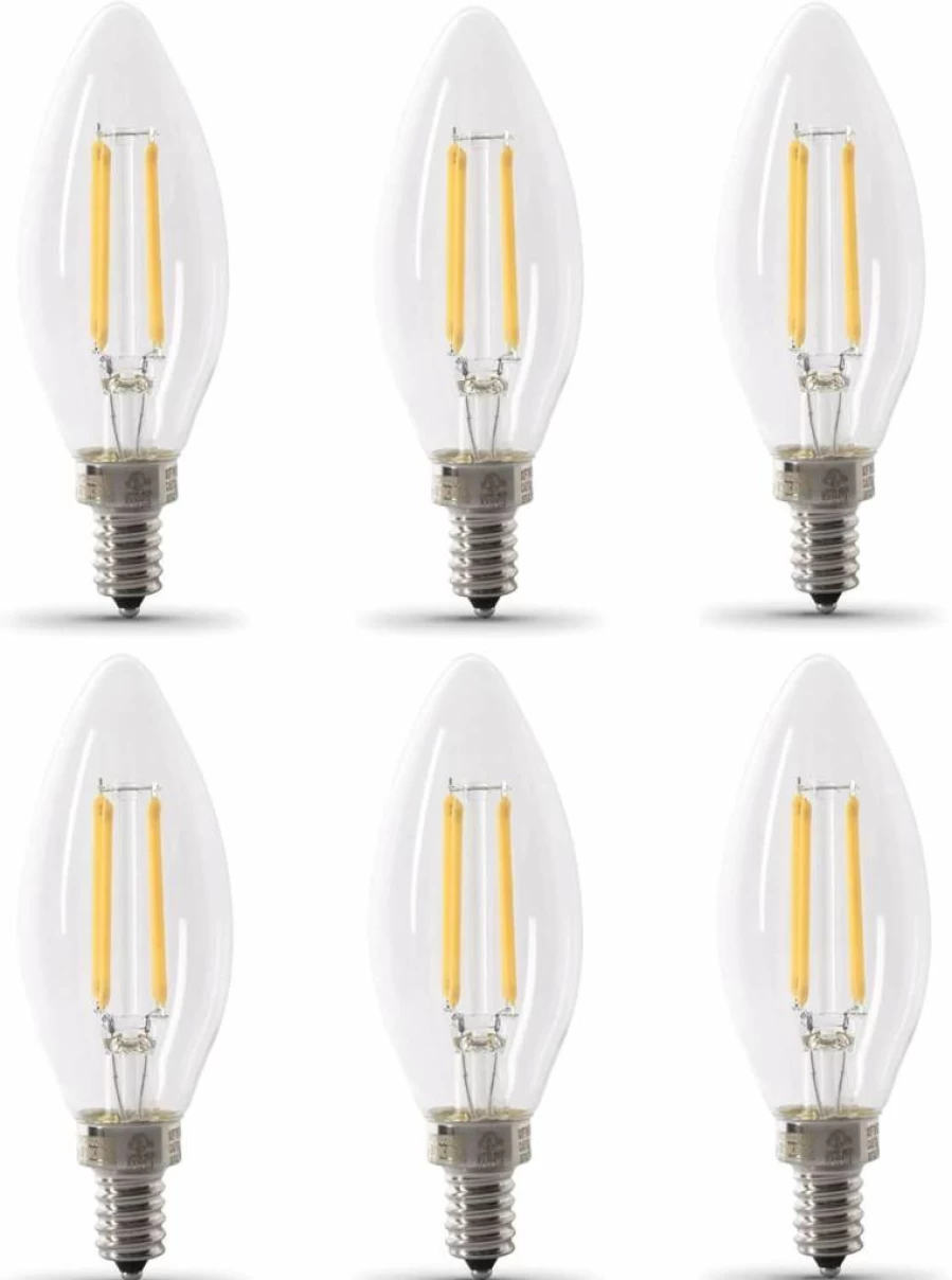 Feit Electric 60W Equivalent Dimmable LED Candelabra Bulb, E12 Base, 2700K Soft White, B10 Filament Style, 6-Pack, Energy Efficient, 13-Year Lifespan
